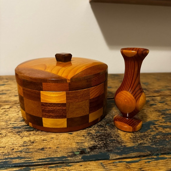 Other - Wooden Checkered Box and Vase Set